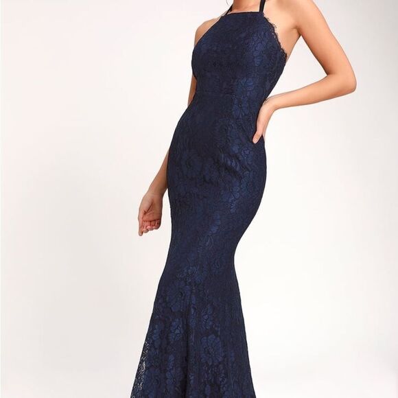 Lulu's Zenith Navy Blue Lace Sleeveless 
Halter Maxi Dress NWT size Large - Picture 3 of 16